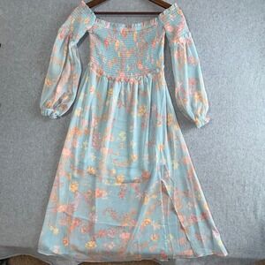 French Connection Floral Smocked Off the Shoulder Midi Dress Light Blue